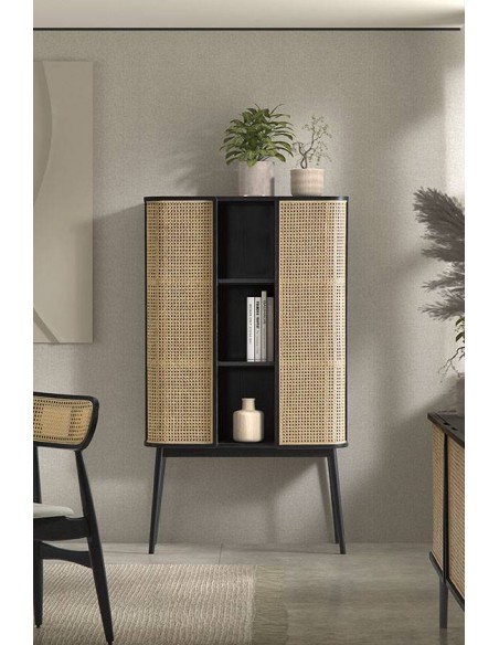 Aparador cubo LEXUS 90 x 38, vime e madeira em preto.