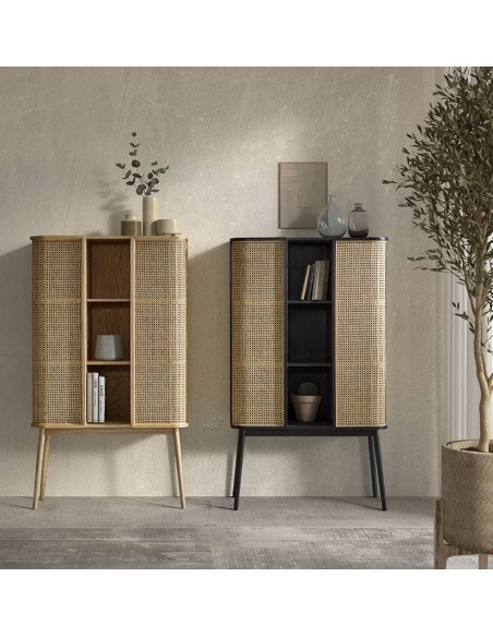 Aparador cubo LEXUS 90 x 38, vime e madeira em preto.