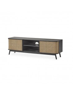 Mesa de TV LEXUS 160 x 44, ratan y madera natural en negro.