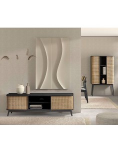 Mesa de TV LEXUS 160 x 44, ratan y madera natural en negro. 2