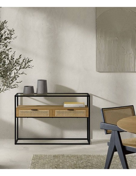 Consola recibidor KANDAS 120x35, cristal, madera natural y metal.