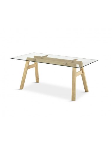 Mesa de vidro MAKALU 180 x 90, base em madeira natural.