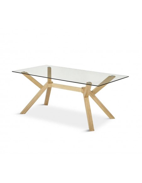 Mesa de cristal JANE 180 x 90, base de madera natural