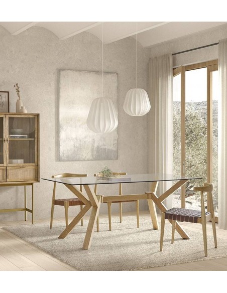 Mesa de vidro JANE 180 x 90, base em madeira natural