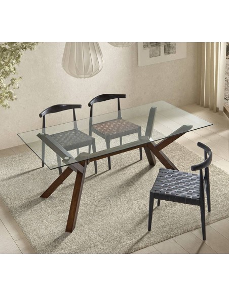 Mesa de vidro JANE 180 x 90 base em madeira cor nogueira.