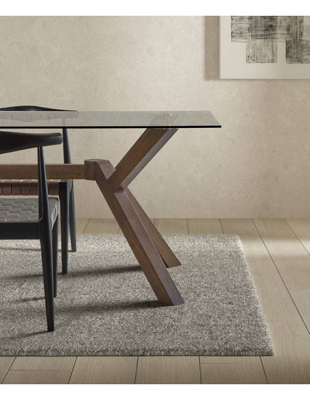 Mesa de cristal JANE 180 x 90 base de madera color nogal.