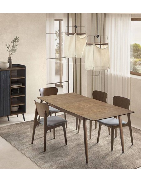 Silla de comedor NALA, madera de nogal y tejido en gris.