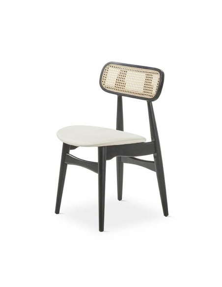 Silla colonial Dorian, madera natural y ratán, asiento en tela.