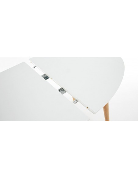 Mesa extensible oval OQUI 120 (200) x 90, MDF lacado blanco y patas madera haya