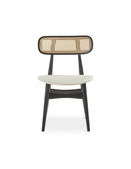 Silla colonial Dorian, madera natural y ratán, asiento en tela.