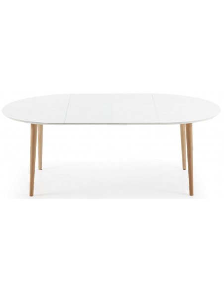 Mesa extensible oval OQUI 120 (200) x 90, MDF lacado blanco y patas madera haya