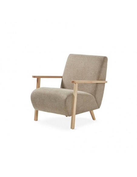 Butaca de diseño Meghany, tejido topo y madera natural.