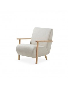Butaca de diseño Meghany, tela beige y madera natural.