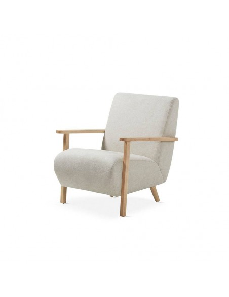 Poltrona design Meghany, tecido bege e madeira natural.