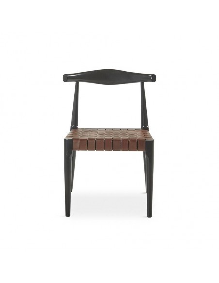 Cadeira design CALIX, couro marrom e madeira natural na cor preta.