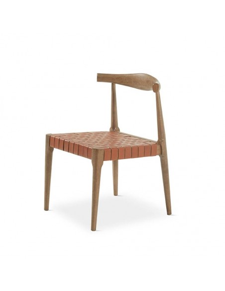 Silla de diseño CALIX, piel teja y madera acabado nogal.