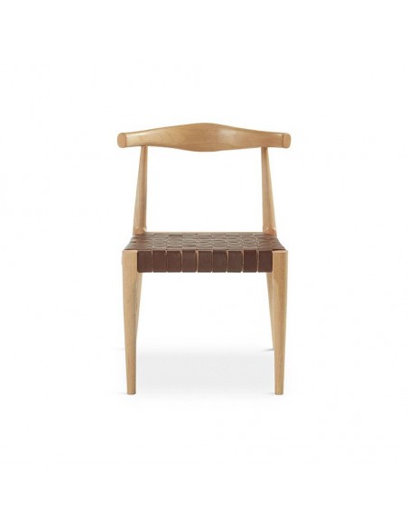 Silla de diseño CALIX, piel marrón y madera natural.
