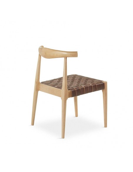 Silla de diseño CALIX, piel marrón y madera natural.