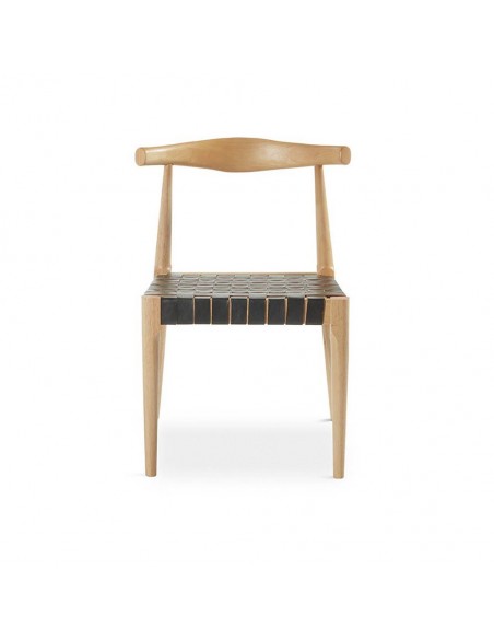 Cadeira design CALIX em couro preto e madeira natural.