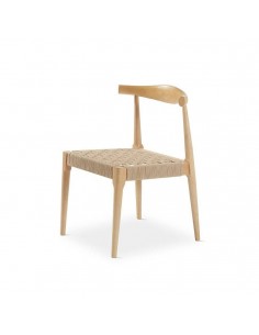 Silla de diseño TIMON de madera natural y cuerda beige.