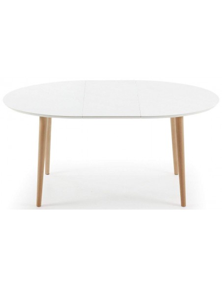 Mesa extensible oval OQUI 120 (200) x 90, MDF lacado blanco y patas madera haya