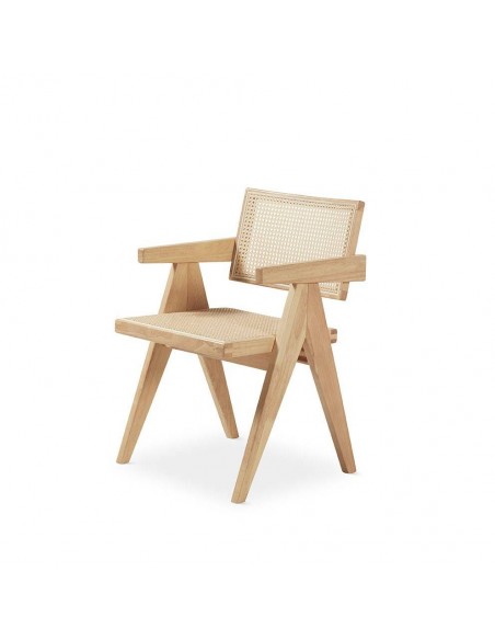 Cadeira de design KILME com braços de madeira e rattan.