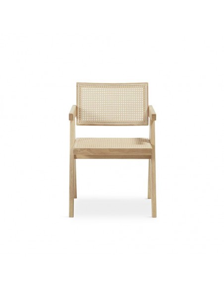 Silla de diseño con brazos KILME de madera y ratan.