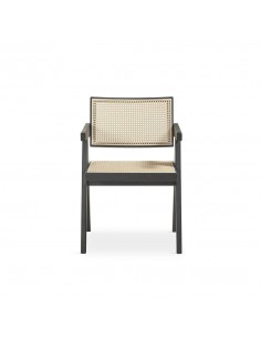 Silla de diseño con brazos KILME, madera en negro y ratan. 2
