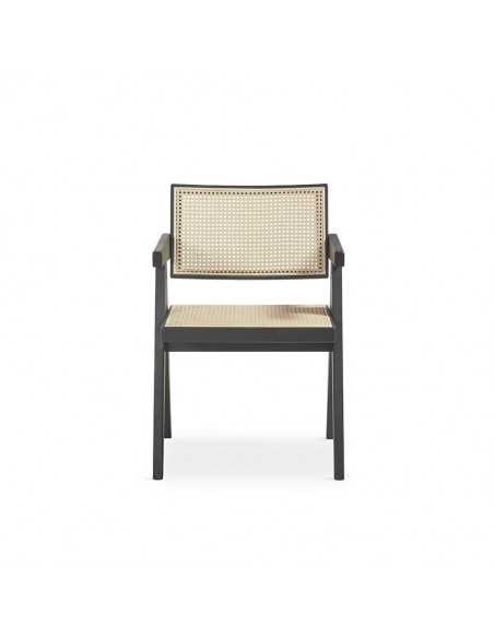 Cadeira de design KILME com braços, madeira en preto e rattan.