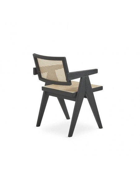 Silla de diseño con brazos KILME, madera en negro y ratan.