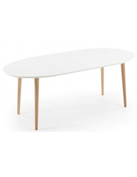 Mesa extensible oval OQUI 120 (200) x 90, MDF lacado blanco y patas madera haya
