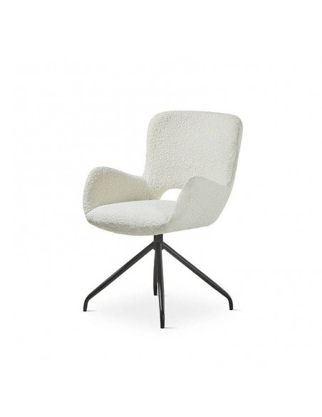 Cadeira giratória design SAGU, tecido chenilla branco e metal preto.
