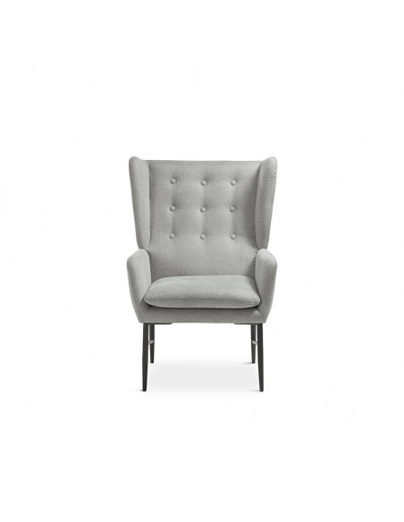 Poltrona de design TEDY, tecido cinza e metal preto.