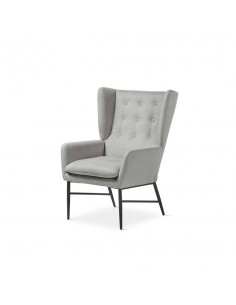 Poltrona de design TEDY, tecido cinza e metal preto.