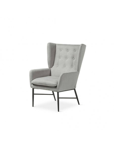 Poltrona de design TEDY, tecido cinza e metal preto.