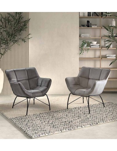 Poltrona de design TEYA, tecido cinza e metal...