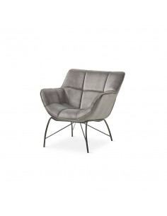 Poltrona de design TEYA, tecido cinza e metal preto.