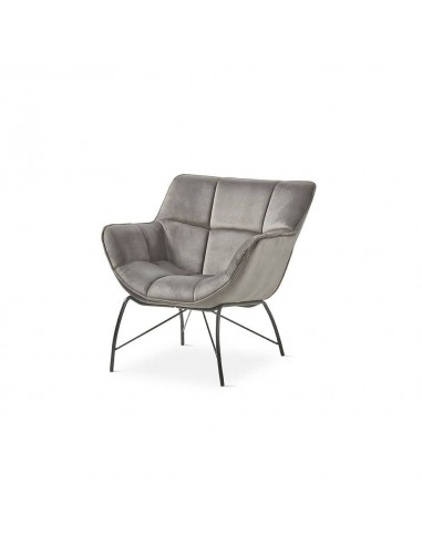 Poltrona de design TEYA, tecido cinza e metal preto.
