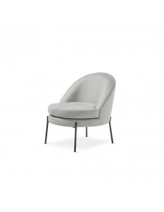 Poltrona redonda Belina em tecido cinza e metal preto.