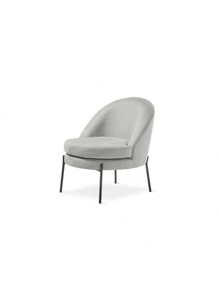 Poltrona redonda Belina em tecido cinza e metal preto.