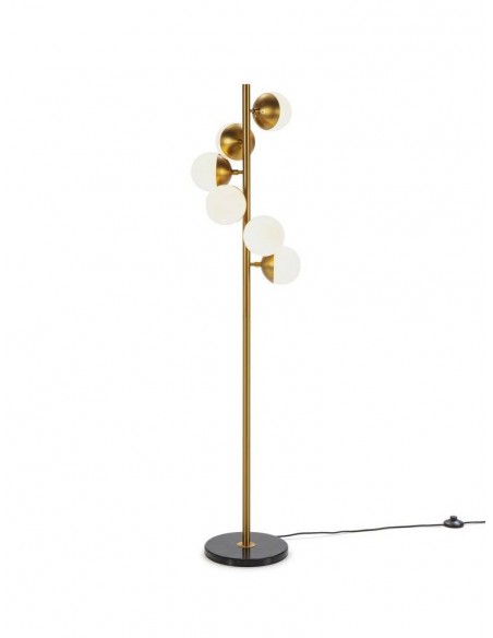 Candeeiro de pé design BALLS, vidro branco, aço inoxidável dourado.