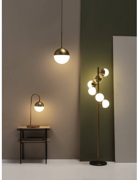 Candeeiro de pé design BALLS, vidro branco, aço inoxidável dourado.