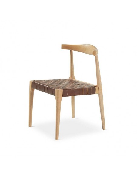 Cadeira design CALIX, couro marrom e madeira natural.