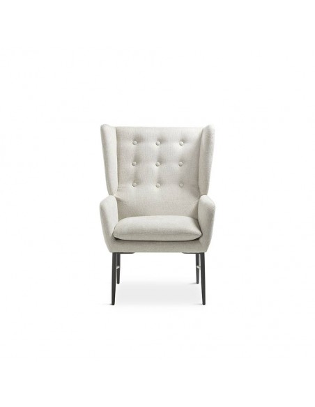 Poltrona de design TEDY, tecido beige e metal preto.