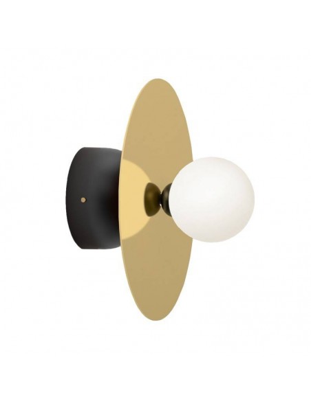 Aplique ROUND, metal dourado e preto, abajur branco.