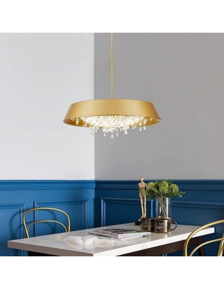 Candeeiro de teto JENO 40, metal dourado, cristal, LED.