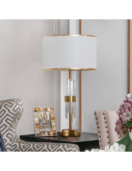 Lámpara de sobremesa PAOLO, metal dorado, cristal y pantalla blanca.