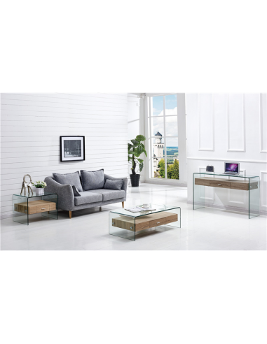 Mesa auxiliar MARLYN 50x50, madera, cristal curvado