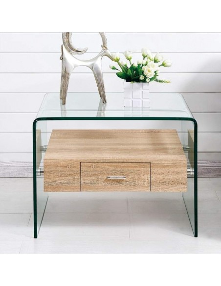 Mesa auxiliar MARLYN 50x50, madera, cristal curvado Mesa auxiliar MARLYN 50x50, madera, cristal curvado