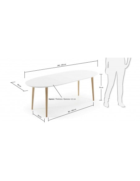 Mesa extensible oval OQUI ,MDF lacado blanco y patas madera maciza haya 140 (220) x 90 cm.